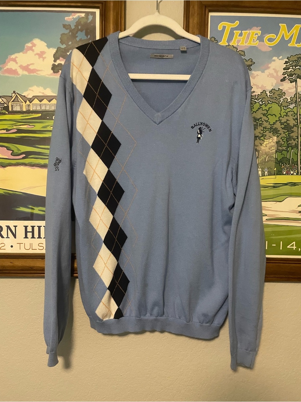 Ashworth Ballyowen Golf Club Argyle V-Neck Sweater Men’s Medium Blue Golf